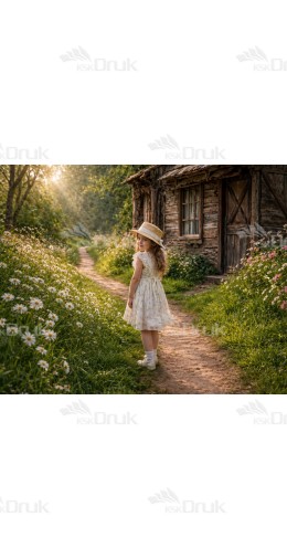 Tło fotograficzne „Rustykalna ścieżka przy drewnianej chacie wśród kwiatów” | 4124